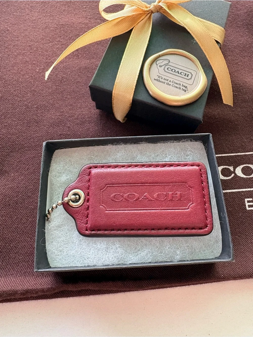 Y2K Large 2.5” Coach Burgundy Oxblood Leather Vintage Hang Tag Bag Charm Key Fob